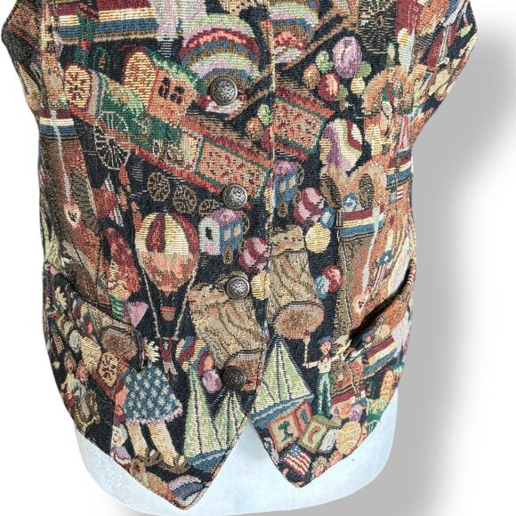 Vintage Karen Scott Tapestry Vest Circus Toys Bears Americana Vneck Size Medium - Picture 4 of 13